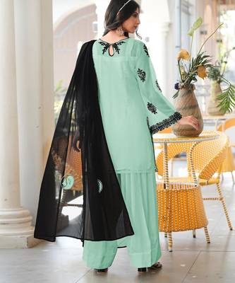 Light-green embroidered organza stitched straight cut kurta farshi salwar dupatta readymade suits 3