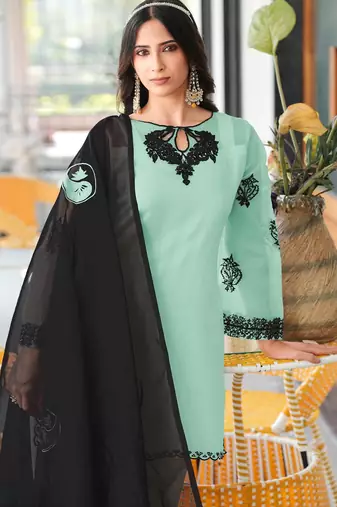 Light-green embroidered organza stitched straight cut kurta farshi salwar dupatta readymade suits