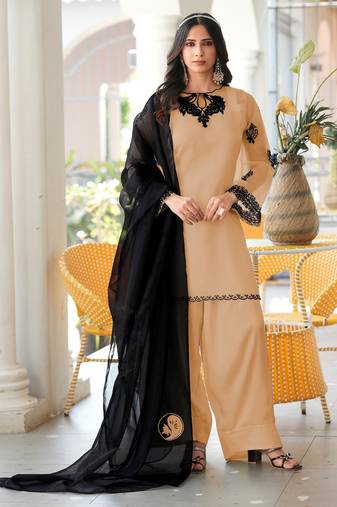 Light-brown embroidered organza stitched straight cut kurta farshi salwar dupatta readymade suits