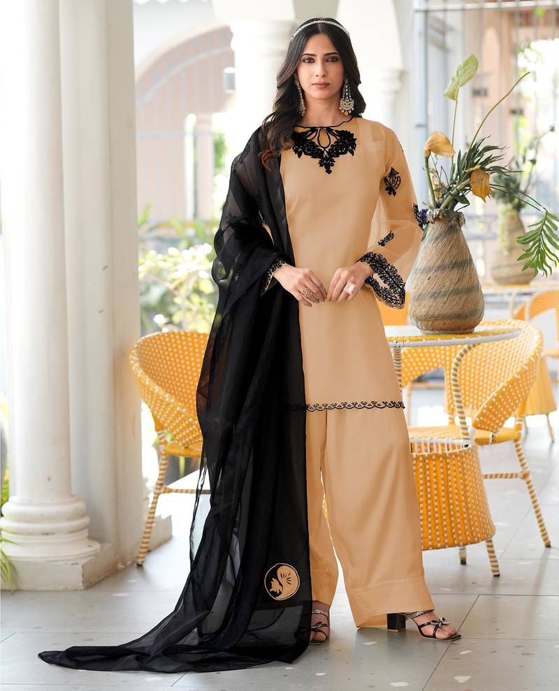 Light-brown embroidered organza stitched straight cut kurta farshi salwar dupatta readymade suits