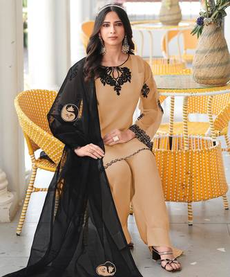 Light-brown embroidered organza stitched straight cut kurta farshi salwar dupatta readymade suits 2