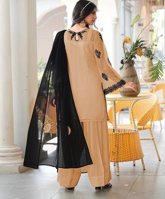 Light-brown embroidered organza stitched straight cut kurta farshi salwar dupatta readymade suits 3