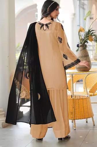 Light-brown embroidered organza stitched straight cut kurta farshi salwar dupatta readymade suits
