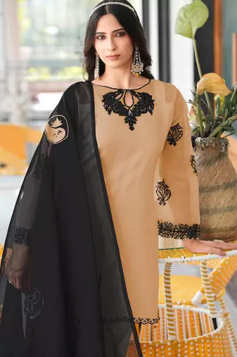 Light-brown embroidered organza stitched straight cut kurta farshi salwar dupatta readymade suits