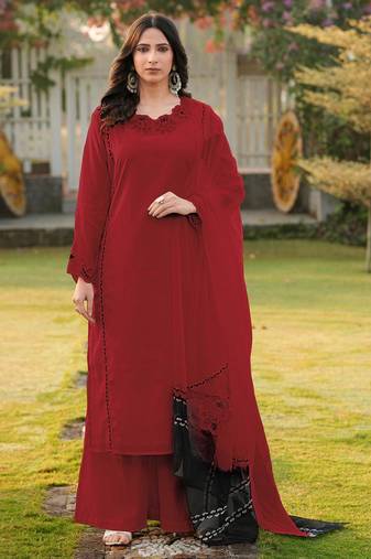 Maroon embroidered art silk stitched straight cut kurta palazzo dupatta readymade suits