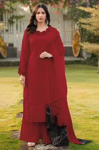 Maroon embroidered art silk stitched straight cut kurta palazzo dupatta readymade suits