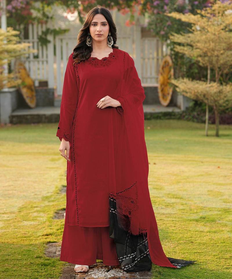 Maroon embroidered art silk stitched straight cut kurta palazzo dupatta readymade suits