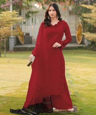 Maroon embroidered art silk stitched straight cut kurta palazzo dupatta readymade suits 2