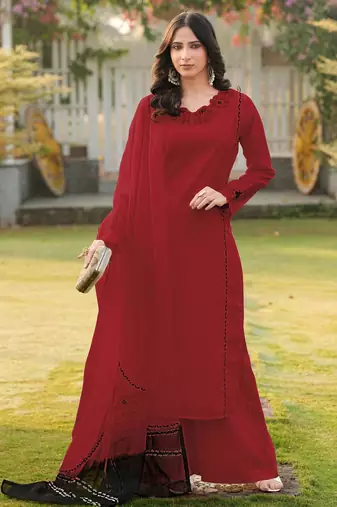 Maroon embroidered art silk stitched straight cut kurta palazzo dupatta readymade suits