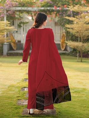 Maroon embroidered art silk stitched straight cut kurta palazzo dupatta readymade suits 3