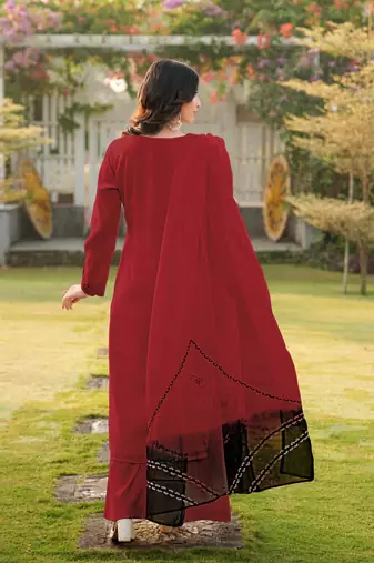 Maroon embroidered art silk stitched straight cut kurta palazzo dupatta readymade suits