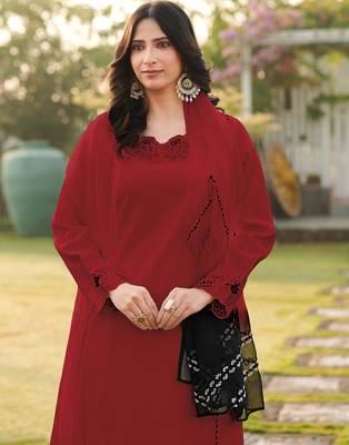 Maroon embroidered art silk stitched straight cut kurta palazzo dupatta readymade suits 4