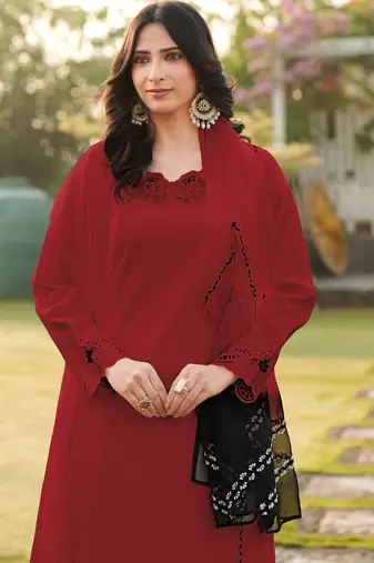Maroon embroidered art silk stitched straight cut kurta palazzo dupatta readymade suits