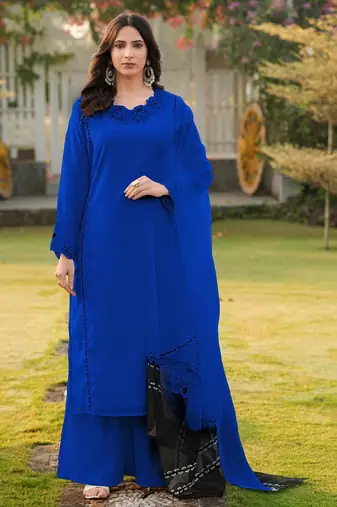 Royal-blue embroidered art silk stitched straight cut kurta palazzo dupatta readymade suits