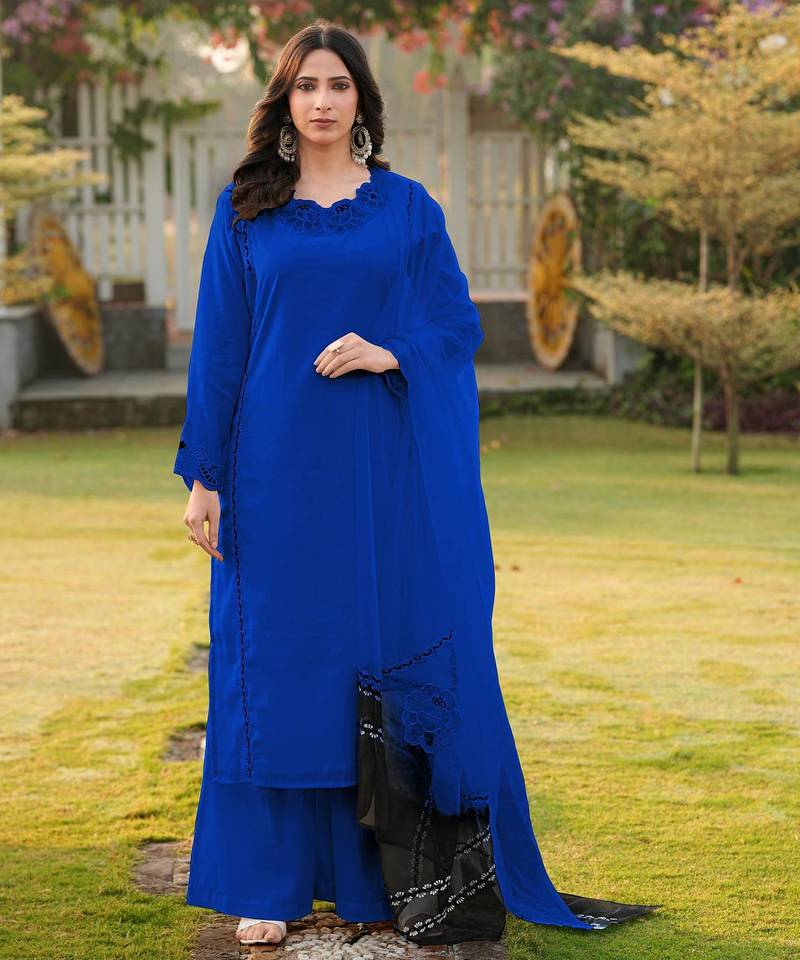 Royal-blue embroidered art silk stitched straight cut kurta palazzo dupatta readymade suits