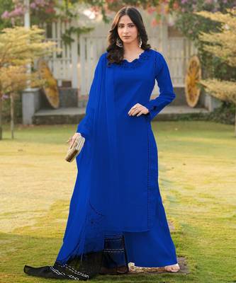 Royal-blue embroidered art silk stitched straight cut kurta palazzo dupatta readymade suits 2