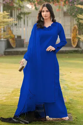 Royal-blue embroidered art silk stitched straight cut kurta palazzo dupatta readymade suits
