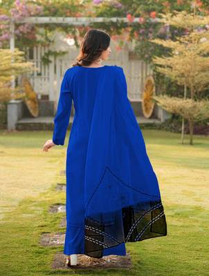 Royal-blue embroidered art silk stitched straight cut kurta palazzo dupatta readymade suits 3
