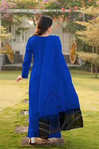 Royal-blue embroidered art silk stitched straight cut kurta palazzo dupatta readymade suits