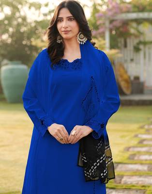 Royal-blue embroidered art silk stitched straight cut kurta palazzo dupatta readymade suits 4