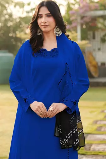 Royal-blue embroidered art silk stitched straight cut kurta palazzo dupatta readymade suits