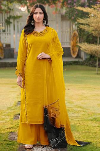Yellow embroidered art silk stitched straight cut kurta palazzo dupatta readymade suits