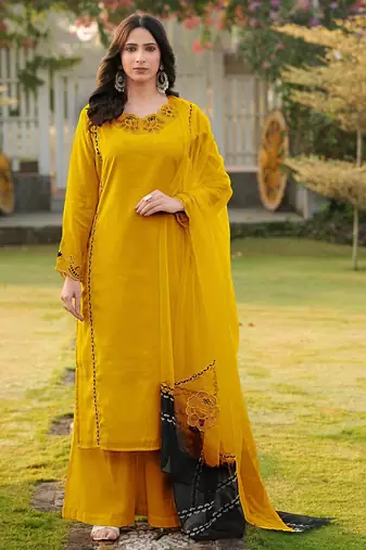 Yellow embroidered art silk stitched straight cut kurta palazzo dupatta readymade suits