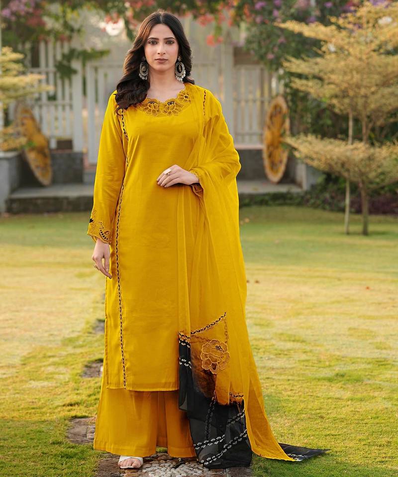 Yellow embroidered art silk stitched straight cut kurta palazzo dupatta readymade suits