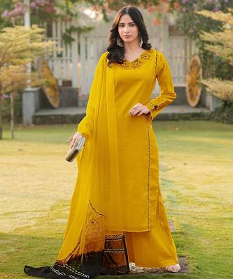 Yellow embroidered art silk stitched straight cut kurta palazzo dupatta readymade suits 2