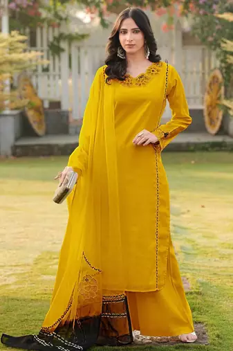 Yellow embroidered art silk stitched straight cut kurta palazzo dupatta readymade suits