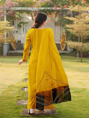 Yellow embroidered art silk stitched straight cut kurta palazzo dupatta readymade suits 3