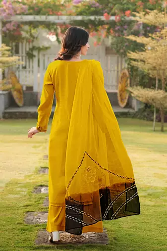 Yellow embroidered art silk stitched straight cut kurta palazzo dupatta readymade suits
