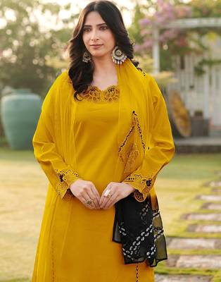 Yellow embroidered art silk stitched straight cut kurta palazzo dupatta readymade suits 4