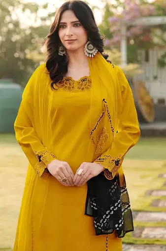 Yellow embroidered art silk stitched straight cut kurta palazzo dupatta readymade suits