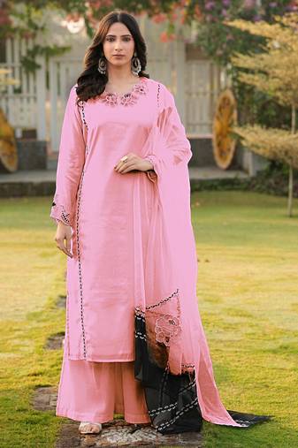 Light-pink embroidered art silk stitched straight cut kurta palazzo dupatta readymade suits