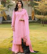 Light-pink embroidered art silk stitched straight cut kurta palazzo dupatta readymade suits
