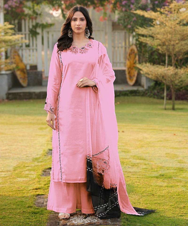 Light-pink embroidered art silk stitched straight cut kurta palazzo dupatta readymade suits