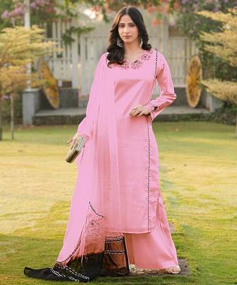 Light-pink embroidered art silk stitched straight cut kurta palazzo dupatta readymade suits 2