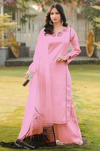 Light-pink embroidered art silk stitched straight cut kurta palazzo dupatta readymade suits