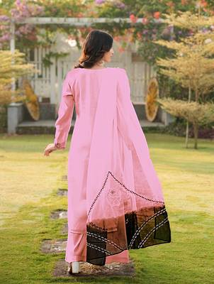 Light-pink embroidered art silk stitched straight cut kurta palazzo dupatta readymade suits 3