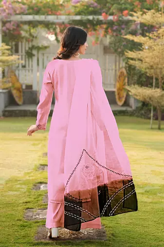 Light-pink embroidered art silk stitched straight cut kurta palazzo dupatta readymade suits
