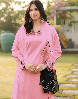 Light-pink embroidered art silk stitched straight cut kurta palazzo dupatta readymade suits 4