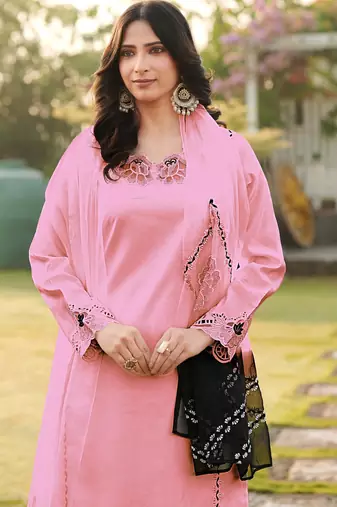 Light-pink embroidered art silk stitched straight cut kurta palazzo dupatta readymade suits