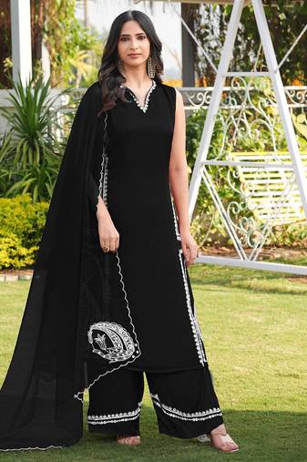 Black hand embroidery modal satin stitched straight cut kurta culottes dupatta readymade suits