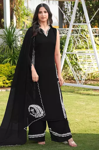 Black hand embroidery modal satin stitched straight cut kurta culottes dupatta readymade suits