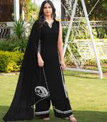 Black hand embroidery modal satin stitched straight cut kurta culottes dupatta readymade suits