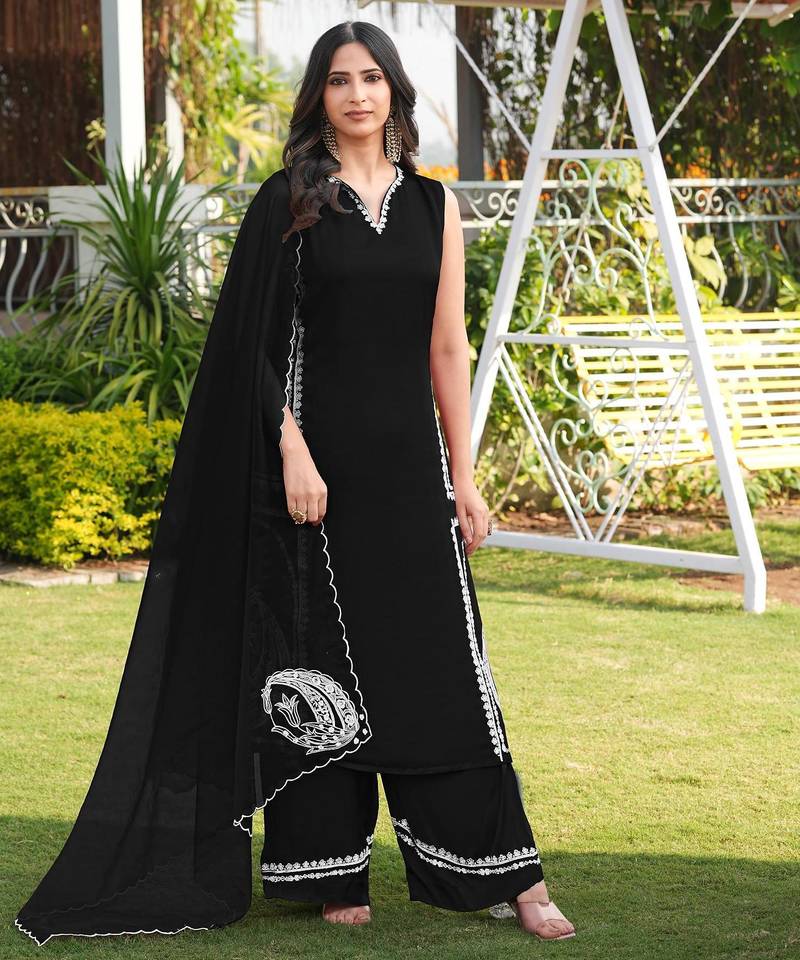 Black hand embroidery modal satin stitched straight cut kurta culottes dupatta readymade suits