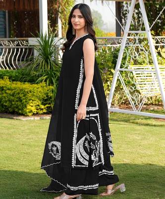 Black hand embroidery modal satin stitched straight cut kurta culottes dupatta readymade suits 2
