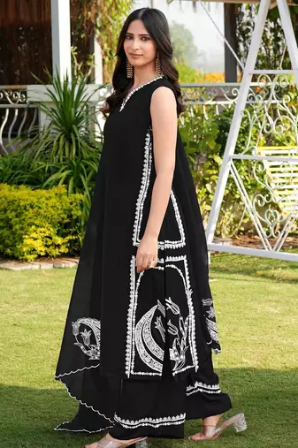 Black hand embroidery modal satin stitched straight cut kurta culottes dupatta readymade suits