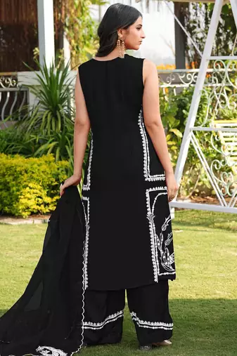 Black hand embroidery modal satin stitched straight cut kurta culottes dupatta readymade suits